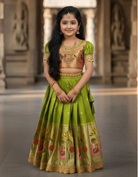 Traditional Festive Paithani Kids Silk Pattu Pavadai Lehenga Choli – Style Pattu Langa Voni For Girls
