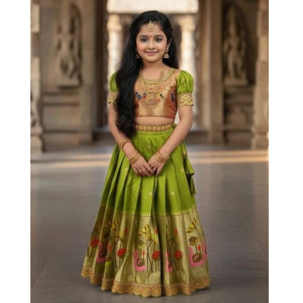 Traditional Festive Paithani Kids Silk Pattu Pavadai Lehenga Choli – Style Pattu Langa Voni For Girls