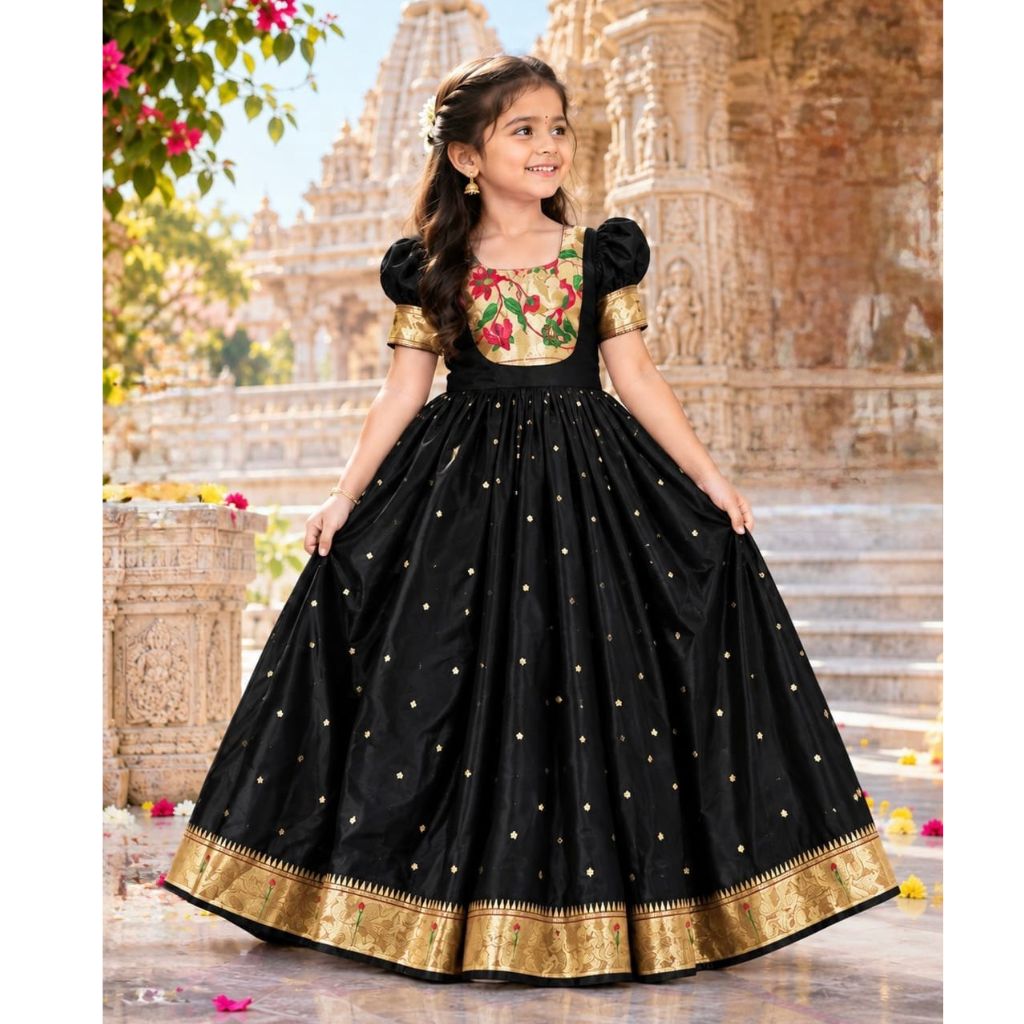 Girls’ Traditional Paithani Gown for Festive Wear
