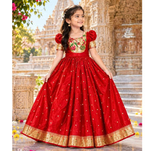 Girls’ Traditional Paithani Gown for Festive Wear