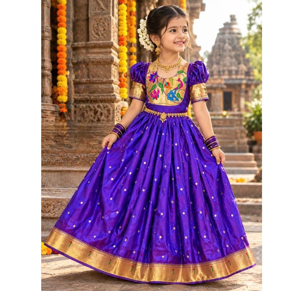 Girls’ Traditional Paithani Gown for Festive Wear