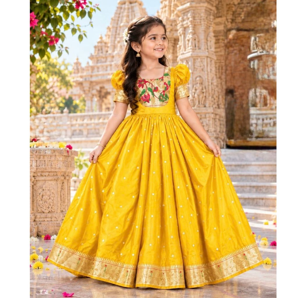 Girls’ Traditional Paithani Gown for Festive Wear
