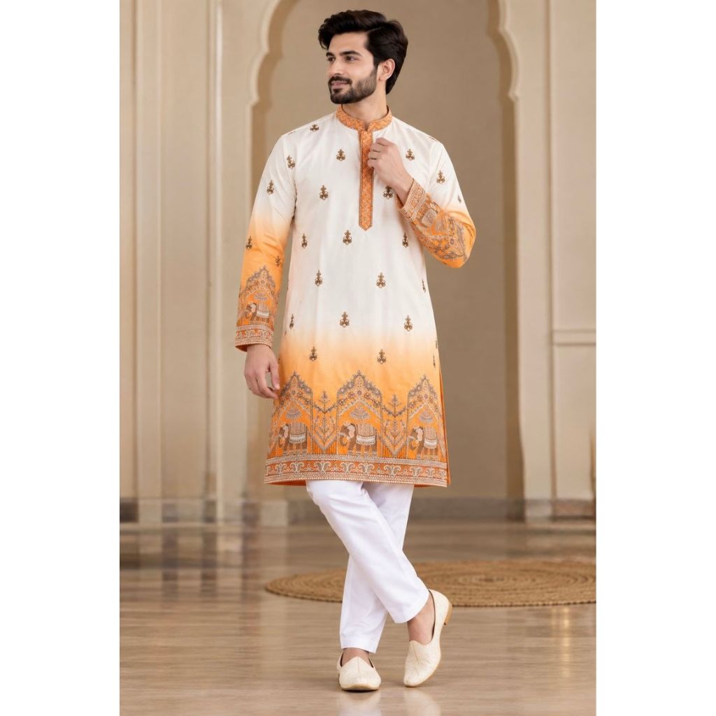 Festive Yellow Embroidered Men's Kurta Pajama Set