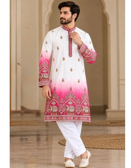 Festive Pink Embroidered Men's Kurta Pajama Set