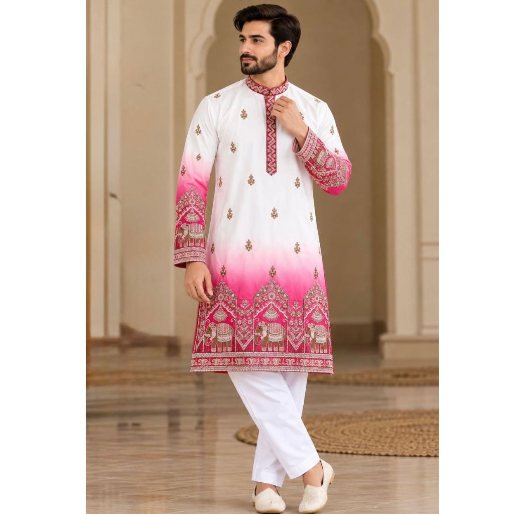 Festive Pink Embroidered Men's Kurta Pajama Set