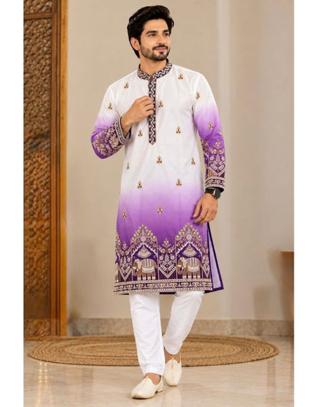 Festive Purple Embroidered Men's Kurta Pajama Set