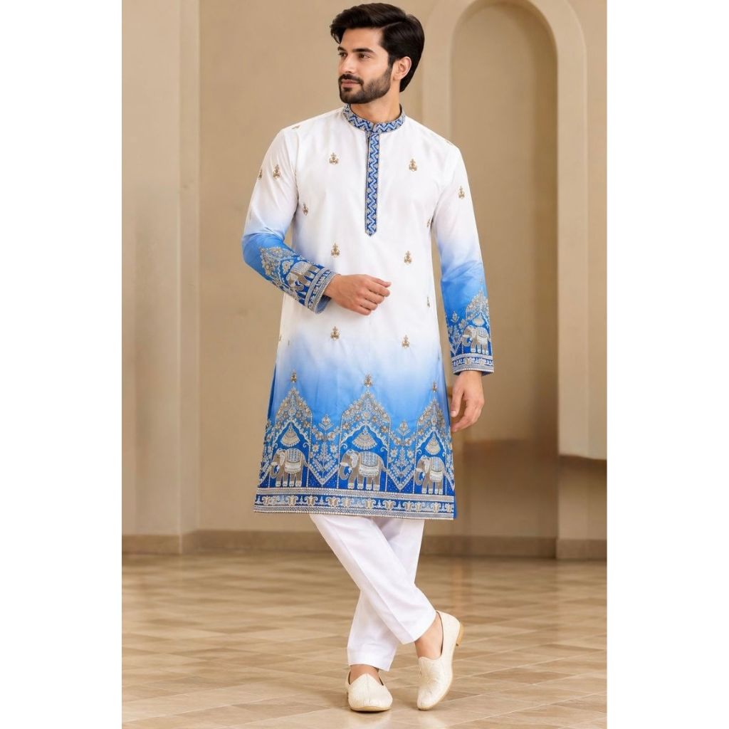 Festive Blue Embroidered Men's Kurta Pajama Set