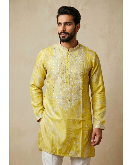 Load image into Gallery viewer, Festive Men's Silk Blend Embroidered Yellow Kurta Pajama  Set with Mirror Work
