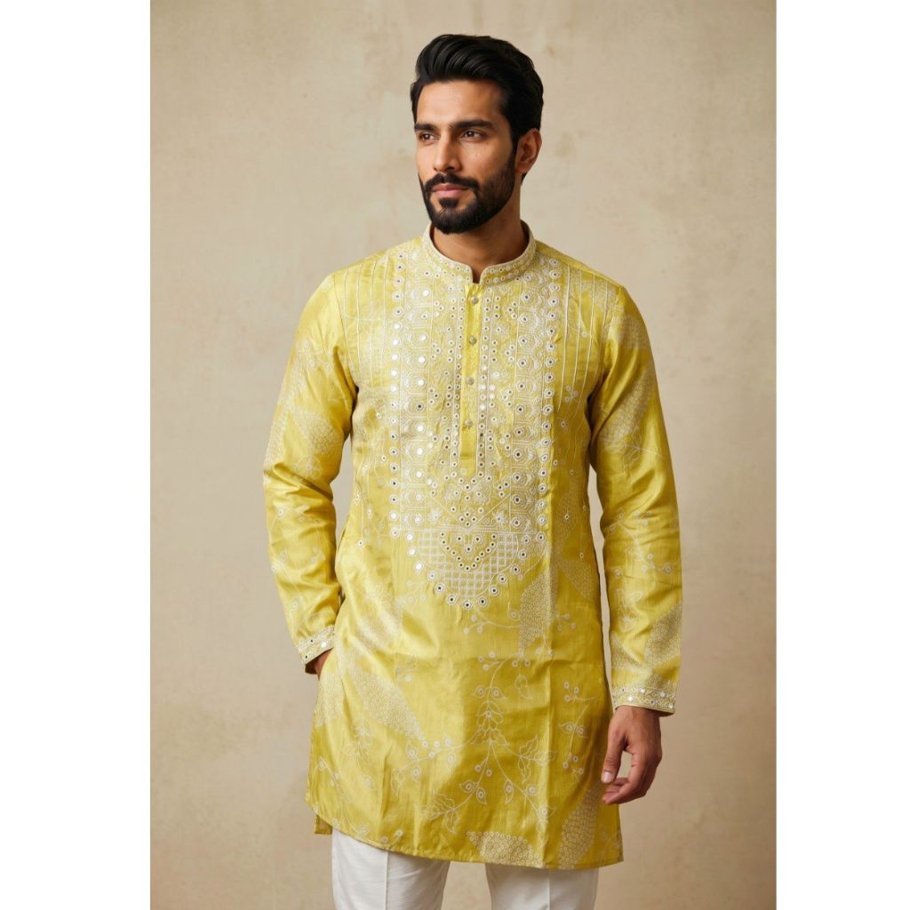 Festive Men's Silk Blend Embroidered Yellow Kurta Pajama  Set with Mirror Work