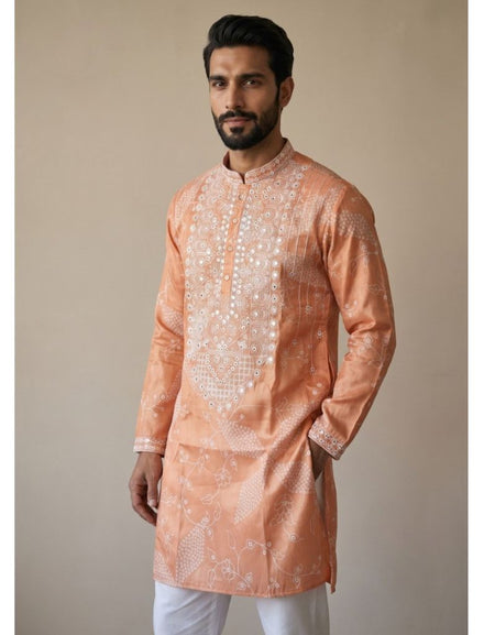 Festive Men's Silk Blend Embroidered Peach Orange Kurta Pajama Set with Mirror Work