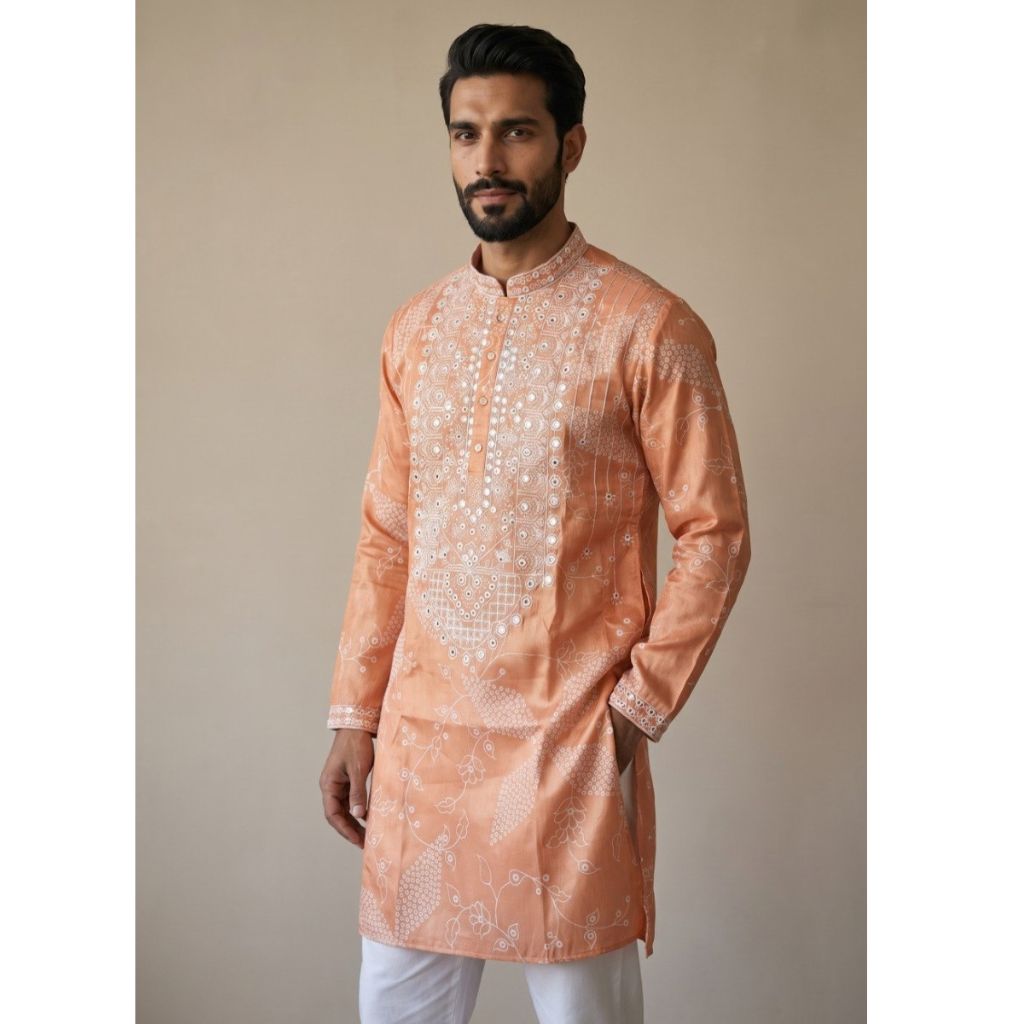 Festive Men's Silk Blend Embroidered Peach Orange Kurta Pajama Set with Mirror Work