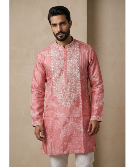 Festive Men's Silk Blend Embroidered Pink Kurta Pajama  Set with Mirror Work