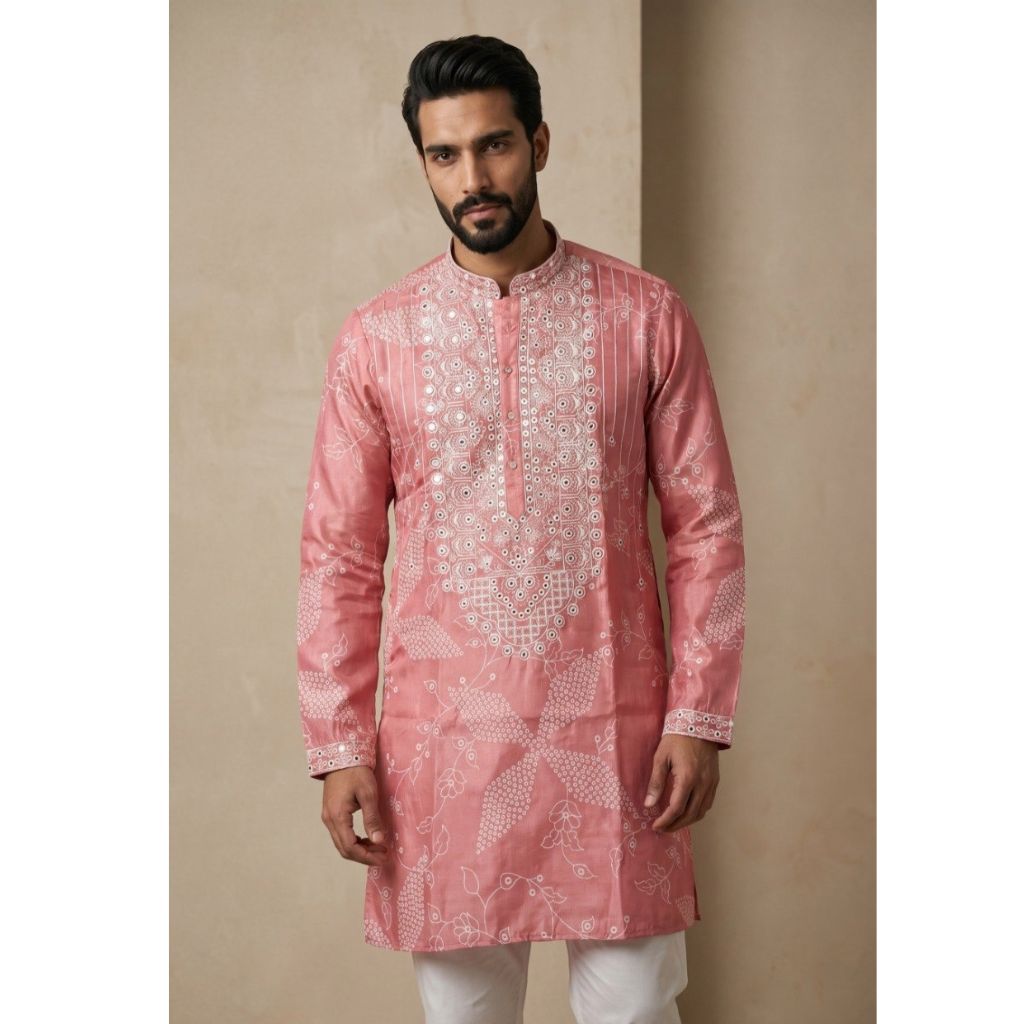 Festive Men's Silk Blend Embroidered Pink Kurta Pajama  Set with Mirror Work