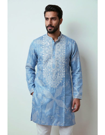 Festive Men's Silk Blend Embroidered Blue Kurta Pajama  Set with Mirror Work