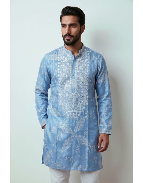 Load image into Gallery viewer, Festive Men's Silk Blend Embroidered Blue Kurta Pajama  Set with Mirror Work
