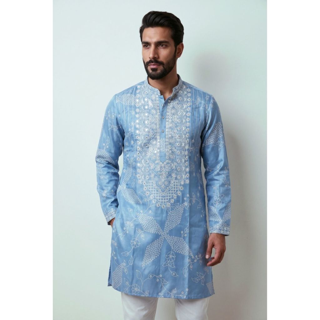 Festive Men's Silk Blend Embroidered Blue Kurta Pajama  Set with Mirror Work