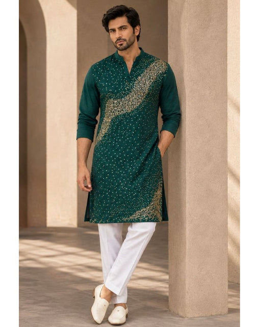 Load image into Gallery viewer, Festive Men’s Green Premium Embroidered Kurta Pajama Set
