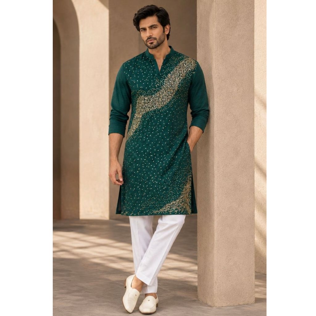 Festive Men’s Green Premium Embroidered Kurta Pajama Set