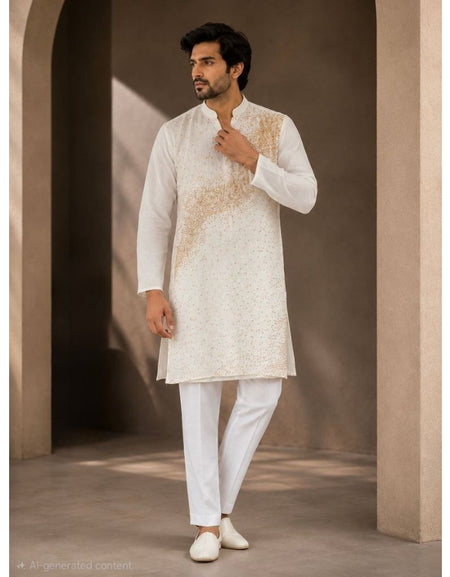 Festive Men’s White Premium Embroidered Kurta Pajama Set