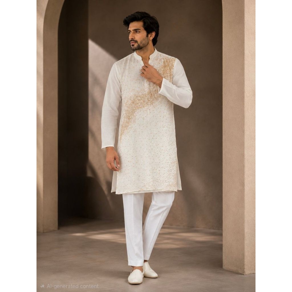 Festive Men’s White Premium Embroidered Kurta Pajama Set