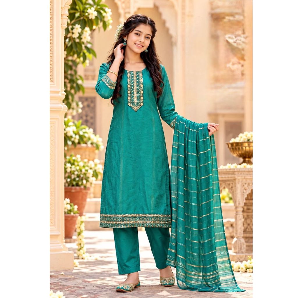 Festive Diwali Ethnic Premium Girls Kurta Pant with Dupatta Set