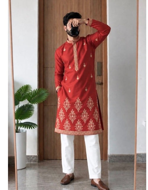 Load image into Gallery viewer, Men's Festive Diwali Embroidered Silk Kurta Pyjama Set – Elegant Diwali &amp; Wedding Wear
