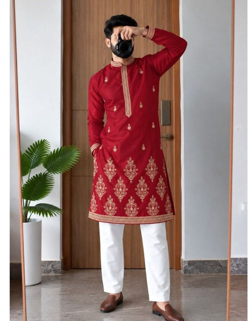 Load image into Gallery viewer, Men's Festive Diwali Embroidered Silk Kurta Pyjama Set – Elegant Diwali &amp; Wedding Wear
