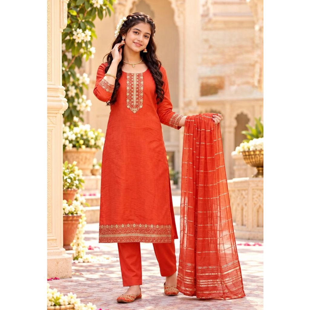 Festive Diwali Ethnic Premium Girls Kurta Pant with Dupatta Set
