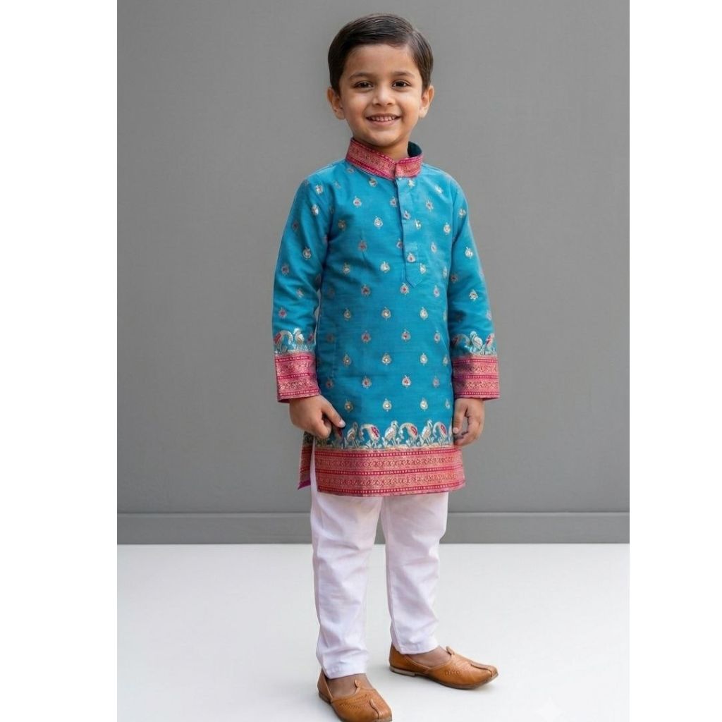 Festive Diwali Boys Premium Banarasi Silk Woven Heritage Kurta Pajama Set