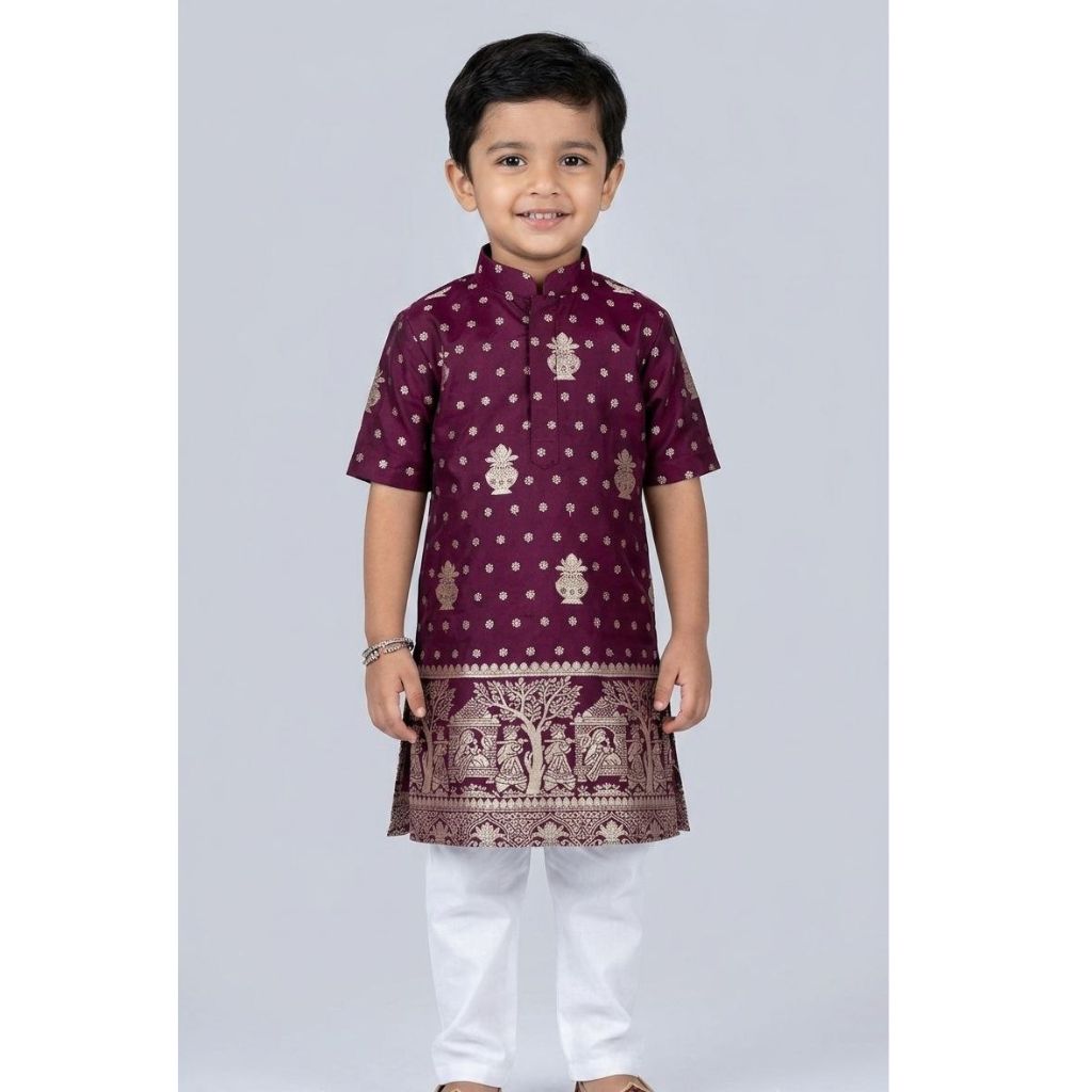 Festive Diwali Boys Premium Banarasi Silk Woven Heritage Kurta Pajama Set