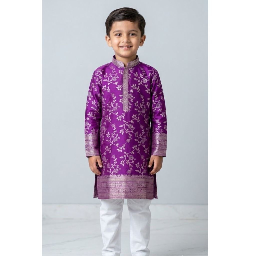 Festive Diwali Boys Premium Banarasi Silk Woven Heritage Kurta Pajama Set
