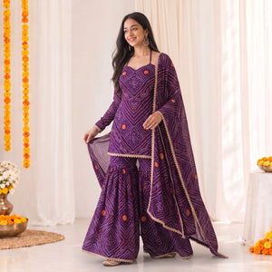 Festive Women's Bandhani Print Georgette Sharara Suit Set with Gota Patti Lace