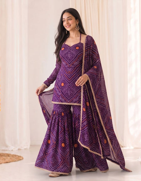 Festive Women's Bandhani Print Georgette Sharara Suit Set with Gota Patti Lace