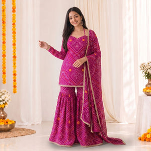 Festive Women's Bandhani Print Georgette Sharara Suit Set with Gota Patti Lace