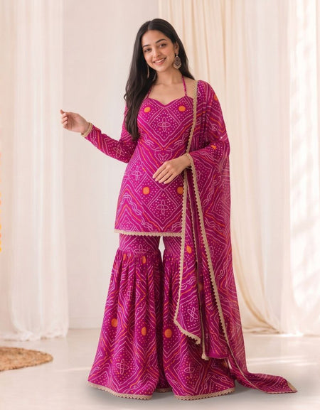 Festive Women's Bandhani Print Georgette Sharara Suit Set with Gota Patti Lace