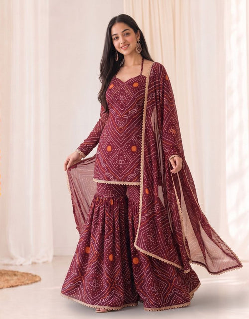 Load image into Gallery viewer, Festive Women's Bandhani Print Georgette Sharara Suit Set with Gota Patti Lace
