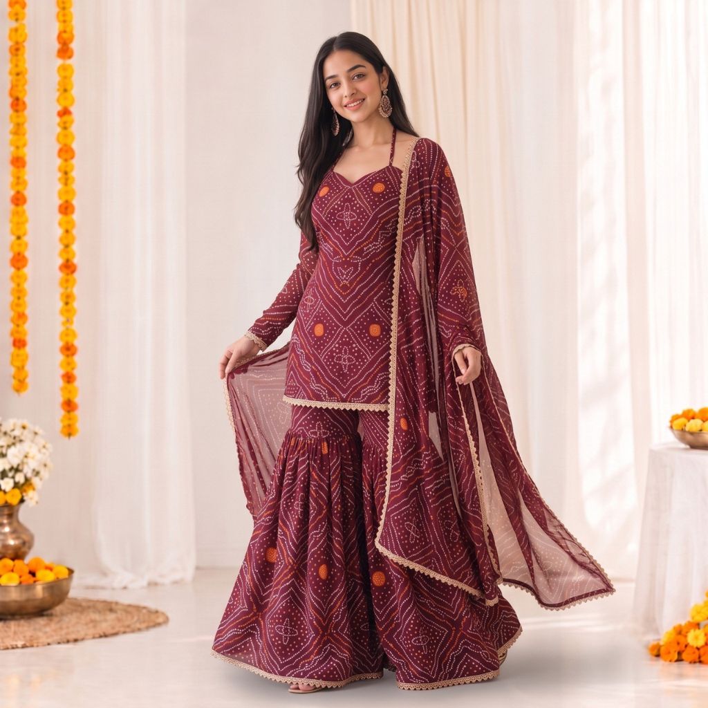 Festive Women's Bandhani Print Georgette Sharara Suit Set with Gota Patti Lace