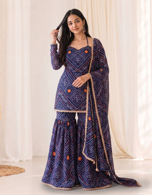Load image into Gallery viewer, Festive Women's Bandhani Print Georgette Sharara Suit Set with Gota Patti Lace
