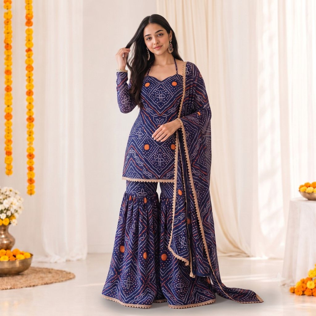 Festive Women's Bandhani Print Georgette Sharara Suit Set with Gota Patti Lace