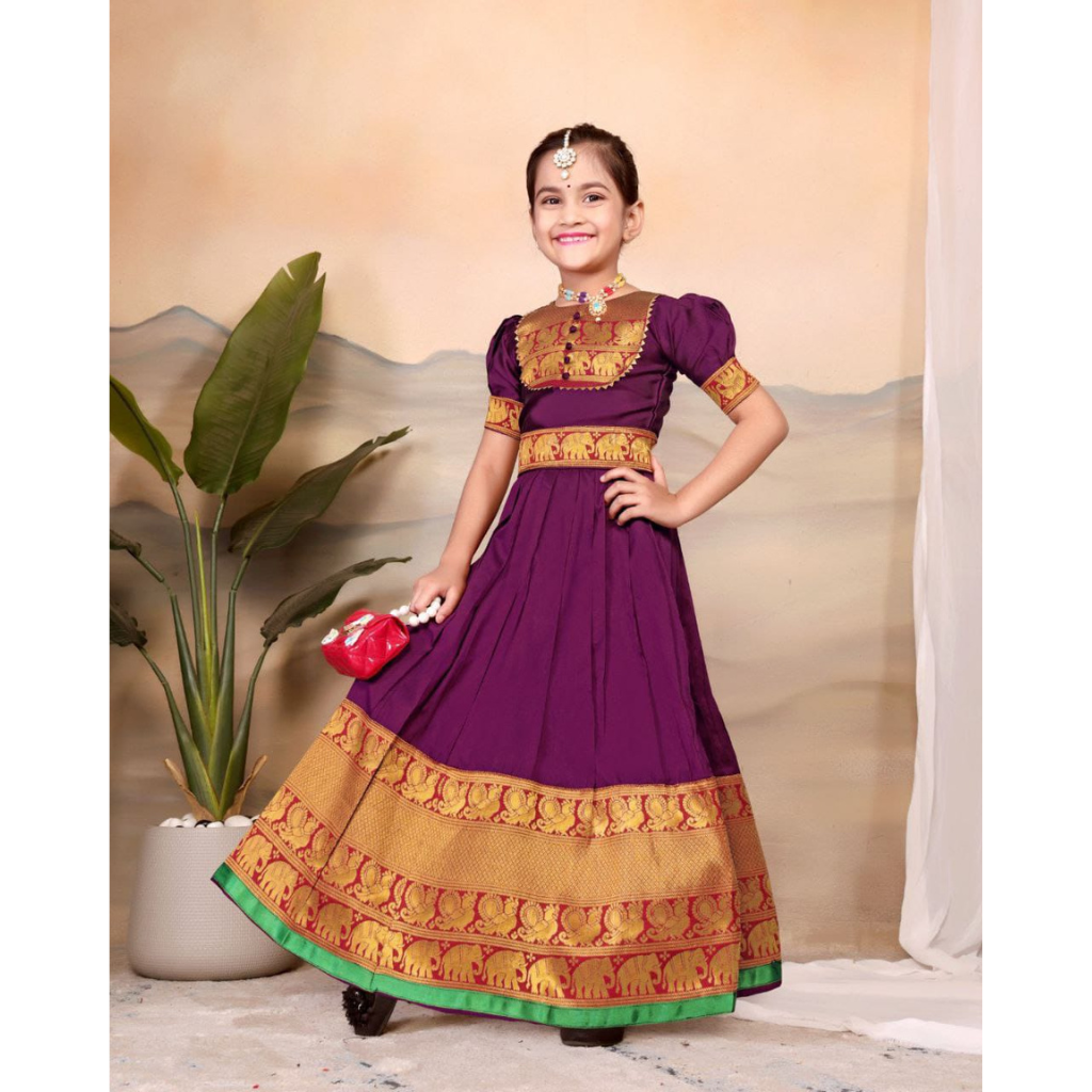 Kids Girls South Indian Traditional Pattu Pavadai Cotton Silk Gown mahezon