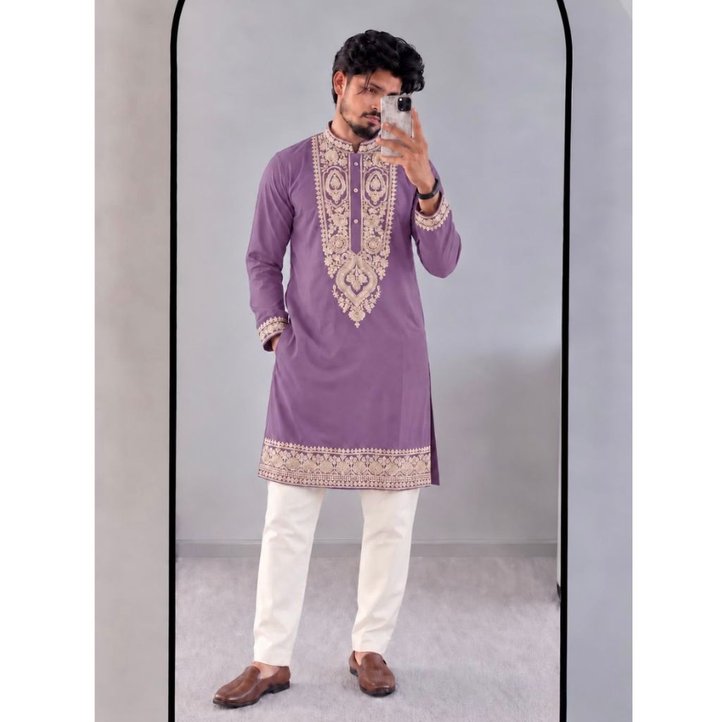 Men’s Festive Heavy Neck Embroidery Sequence Kurta Pajama Set – Elegant Diwali & Wedding Wear
