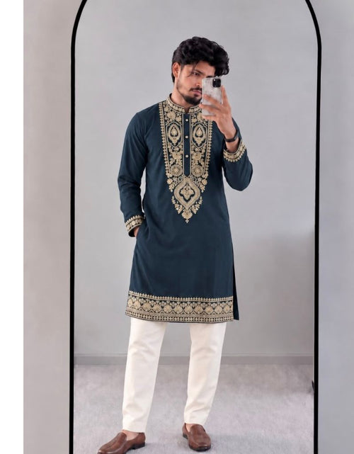 Load image into Gallery viewer, Men’s Festive Heavy Neck Embroidery Sequence Kurta Pajama Set – Elegant Diwali &amp; Wedding Wear
