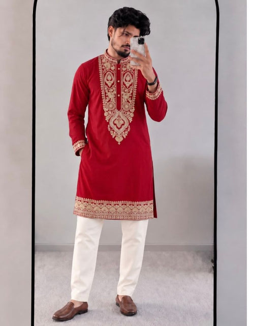 Load image into Gallery viewer, Men’s Festive Heavy Neck Embroidery Sequence Kurta Pajama Set – Elegant Diwali &amp; Wedding Wear

