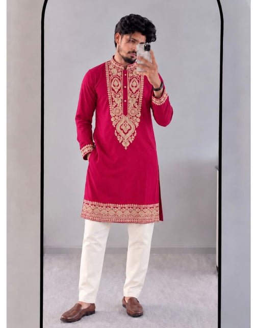 Load image into Gallery viewer, Men’s Festive Heavy Neck Embroidery Sequence Kurta Pajama Set – Elegant Diwali &amp; Wedding Wear
