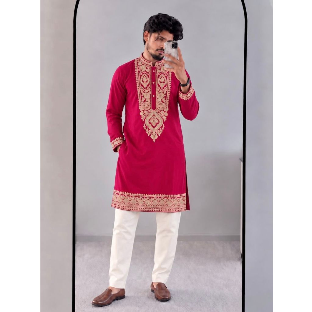 Men’s Festive Heavy Neck Embroidery Sequence Kurta Pajama Set – Elegant Diwali & Wedding Wear