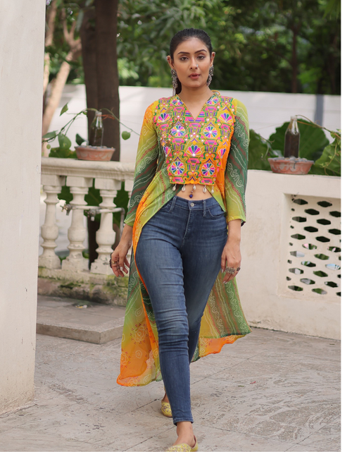 Load image into Gallery viewer, Navratri Garba Ready made Designer Front Open Long Kurti mahezon
