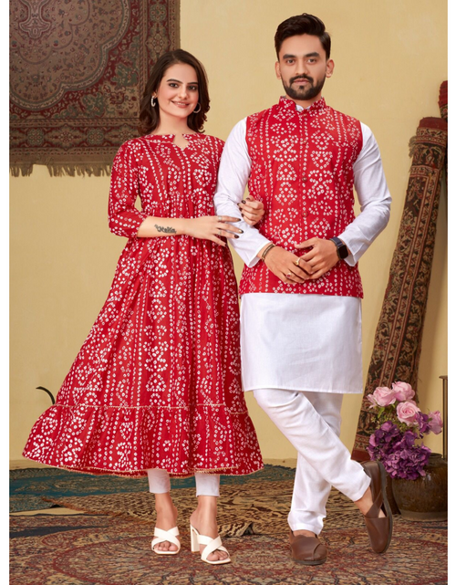 Load image into Gallery viewer, Couple Wear Same Matching Bandhni Print Men Jacket Kurta Pajama and Women Kurti mahezon
