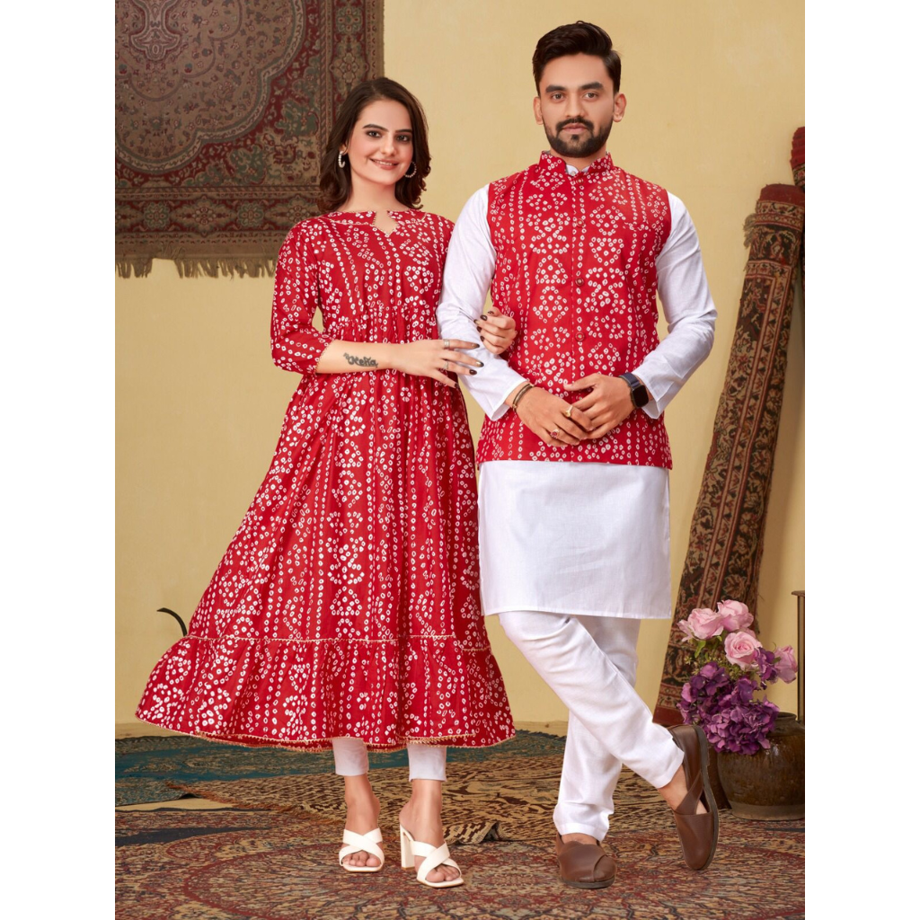 Couple Wear Same Matching Bandhni Print Men Jacket Kurta Pajama and Women Kurti mahezon
