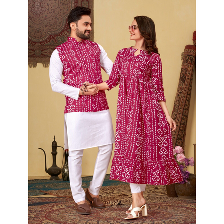 Couple Wear Same Matching Bandhni Print Men Jacket Kurta Pajama and Women Kurti mahezon