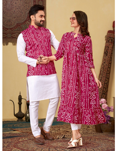 Load image into Gallery viewer, Couple Wear Same Matching Bandhni Print Men Jacket Kurta Pajama and Women Kurti mahezon
